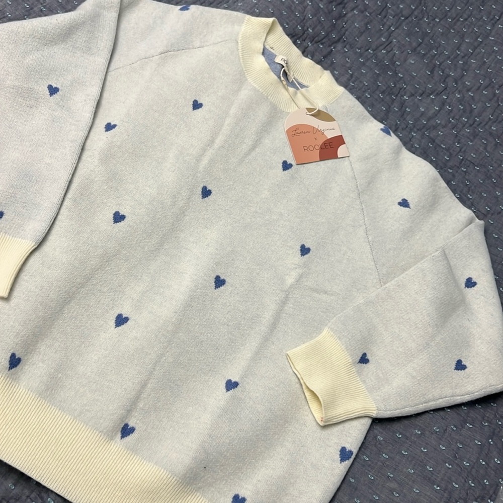NWT Roolee Blue Heart Sweater XXL Cream Off White  Lauren Virginia Valentine